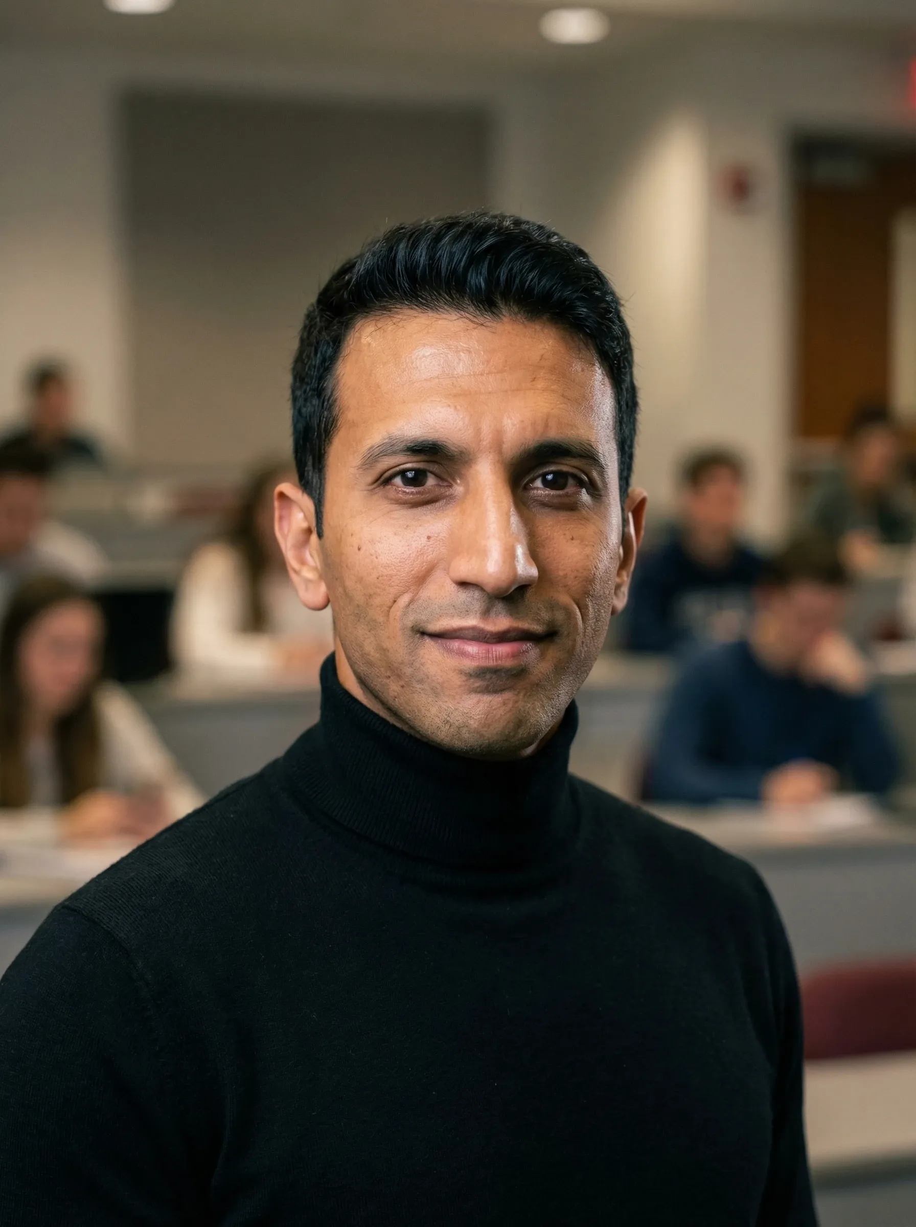 AI lecturer headshot — man in a black turtleneck in a lecture hall